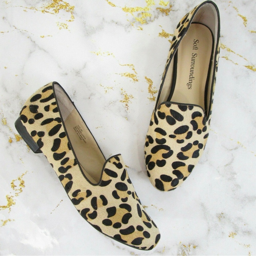 Soft Surroundings Sylvia Leopard Leather Calf Hair Slip on Loafers